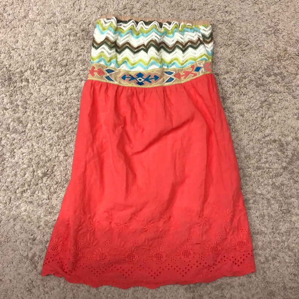 Coral crochet embroidery strapless summer dress